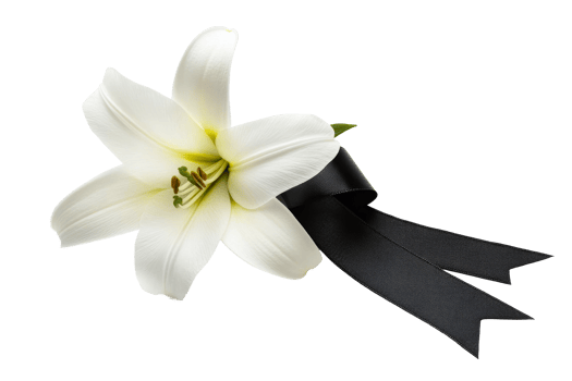White lily with black ribbon, bereavement symbol, cut out transparent png