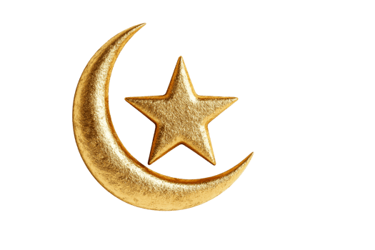 Crescent and star, gold texture, celestial symbols , cut out transparent png