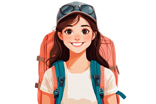 Smiling Girl Hiker with Backpack and Cap, cut out transparent png