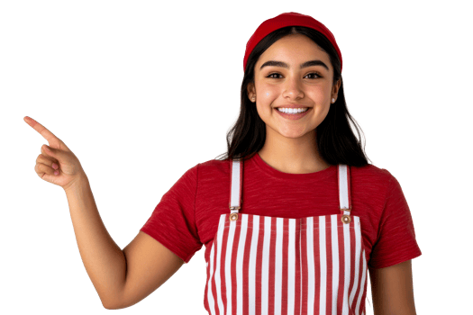 Smiling saleswoman points to the side, cut out transparent png
