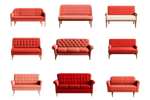 Variety of coral-colored sofas and armchairs, design collection, cut out transparent png