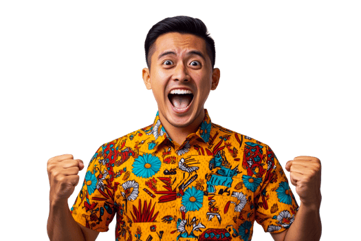 Overjoyed Asian man in vibrant shirt cheering with fists, cut out transparent png