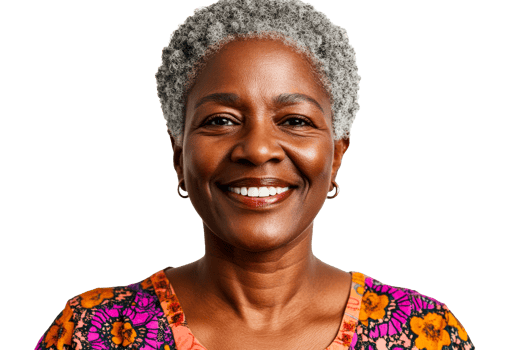 Mature Black woman smiles warmly, cut out transparent png