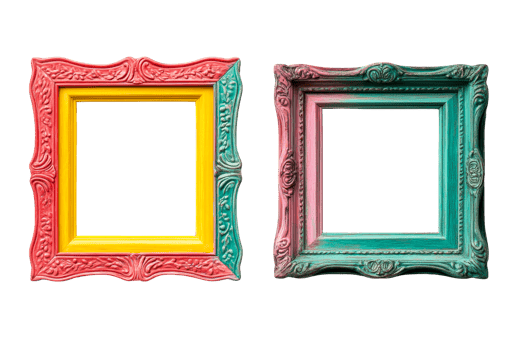 Antique ornamental photo frames in colors, cut out transparent png