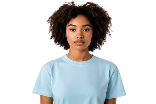 Portrait of a serene African woman with curly hair and blue t-shirt, cut out transparent png