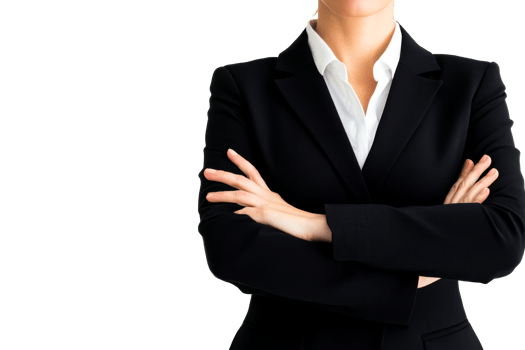 Businesswoman with arms crossed in a formal black suit, cut out transparent png