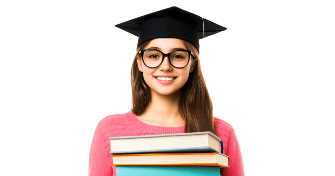 Smiling female graduate with books in a mortarboard cap, cut out transparent png