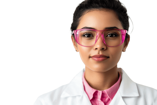 Portrait of a young female scientist in pink glasses, cut out transparent png
