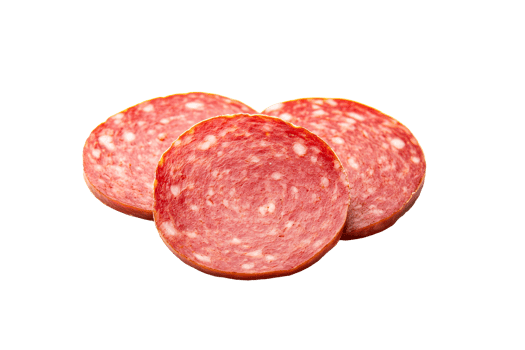 Salami sausage slices arranged attractively on a black background, cut out transparent png