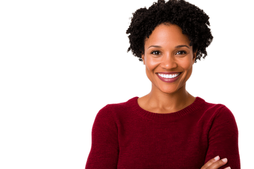 Smiling woman with crossed arms in red sweater, cut out transparent png