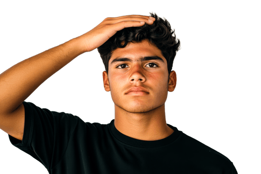Teen with hand on head in a thoughtful expression, cut out transparent png