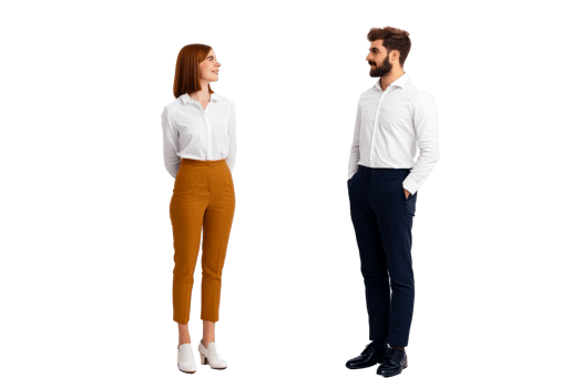 Elegant business professionals in formal wear looking at each other, cut out transparent png