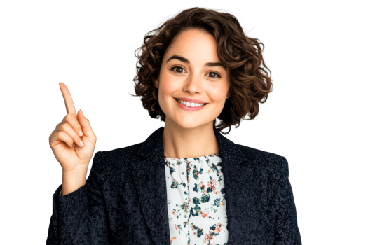 Smiling woman in floral blouse pointing upward, cut out transparent png