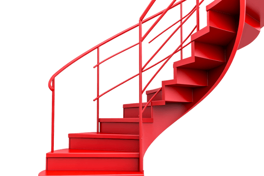Curved red staircase with railings and details png