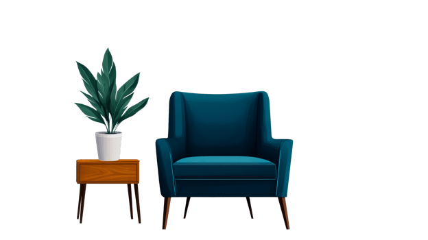 Cozy modern chair with plant in home setting png