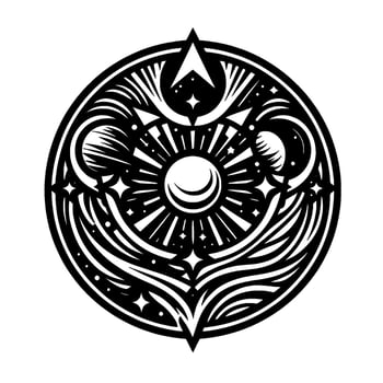 Celestial Emblem Circular Black and White with Sun, Moons, Stars, and Geometric Elements, Embodying Cosmic Harmony. vector