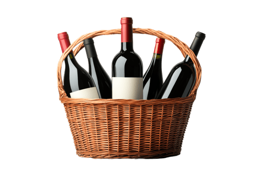 Wine basket with assorted bottles for gatherings png