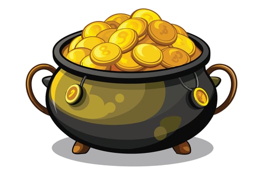 Cartoon illustration of a pot overflowing with gold coins. vector