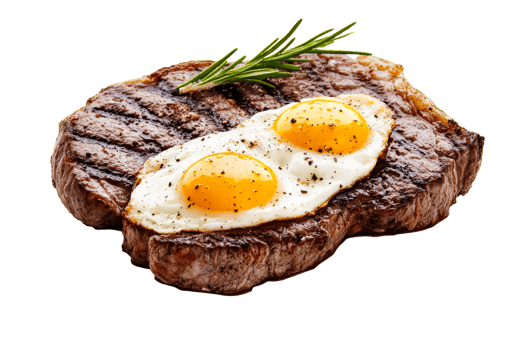 Grilled steak served with sunny side up eggs png