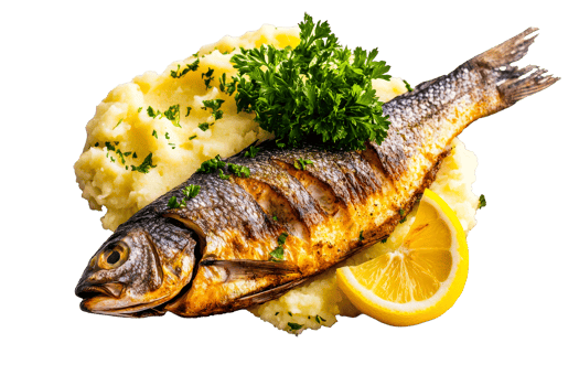 Grilled fish with mashed potatoes lemon png