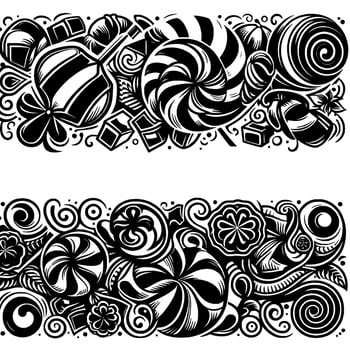 Artistic Black and White Candy Border Design Swirls, Lollipops, Chocolates, and Decorative Elements vector