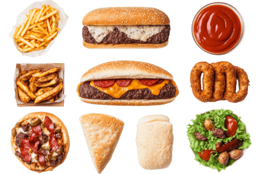 Fast food assortment on clear surface png