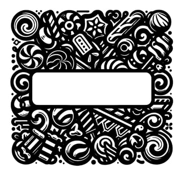 Whimsical Black White Candy Border Abstract Illustration with a Central Rectangle for Text, Playful Decorative. vector