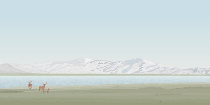 Minimalism countryside landscape spring season with deer pack, field, lake and mountain ranges graphic illustration have blank space at blue sky. vector