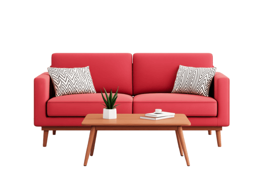 Bright red sofa with decorative cushions and table png