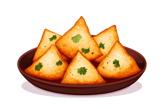 Golden samosas on a decorative plate png