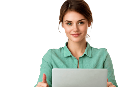Smiling woman with laptop gives thumbs up png