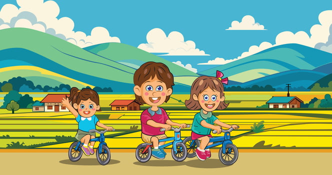 Three children riding bicycle in the country side with yellow paddy rice landscape. Illustration. vector