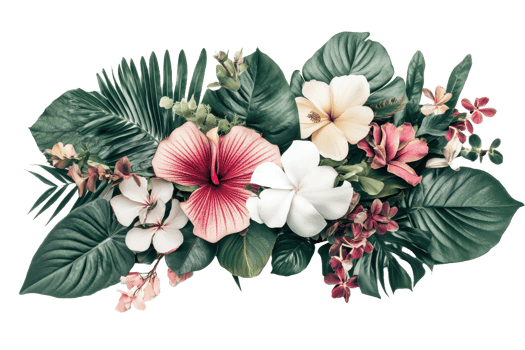 A vibrant assortment of tropical flowers and lush green leaves png