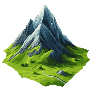 A stylized illustration depicts a mountain with lush green surroundings png