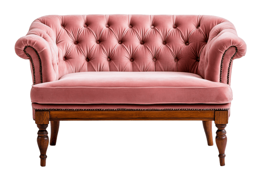 Elegant pink tufted loveseat with wooden legs png