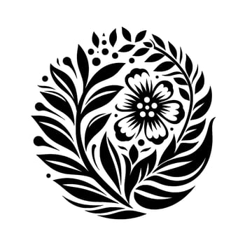 Intricate Black and White Floral Mandala A Symbolic Representation of Natures Harmony and Symmetry, with a Central Flower and Surrounding Foliage. vector