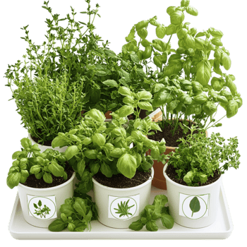Thriving green herb plants in white pots growing healthily in a bright indoor or outdoor setting. png