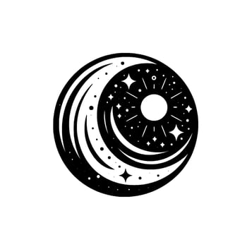 Black and white celestial crescent moon and sun intertwined in a cosmic illustration with stars and a dreamy vibe. vector