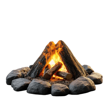 A burning campfire made of logs surrounded by rocks is shown png