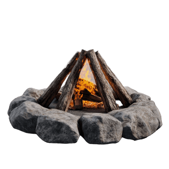 A roaring campfire constructed with logs surrounded by large stones png