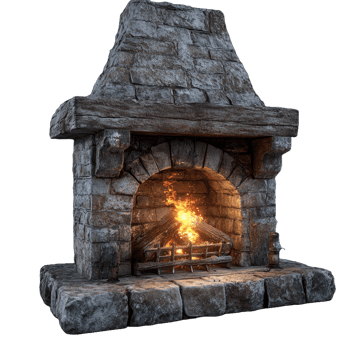 A stone fireplace with burning wood within the hearth glows png