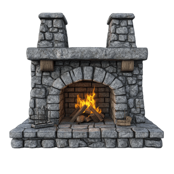 Stone fireplace with brick interior and burning fire displayed inside png