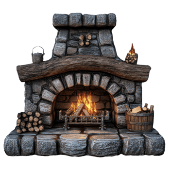 A rustic stone fireplace with a burning fire and firewood png