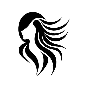 Sleek silhouette of a womans face in profile, with flowing, stylized black hair emerging from a dark circular background. vector