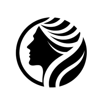 Elegant Silhouette of a Womans Profile Within a Black Circle, Featuring Flowing Hair, on a Clean White Background. vector