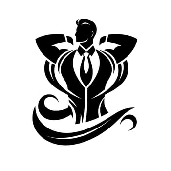 Silhouette of a powerful businessman in a suit, arms flexed, surrounded by stylized, dynamic lines, symbolizing strength and success, set against a stark white background. vector