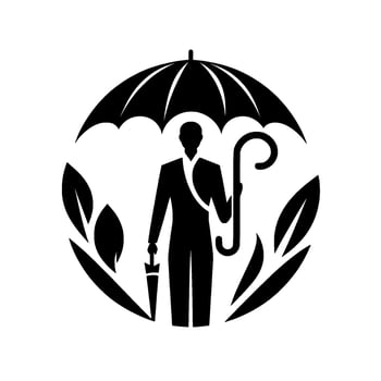 A stylized black and white circular featuring a suited figure holding an umbrella and cane, framed by leaves. vector
