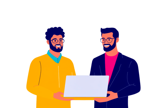 Two men working on a laptop together png