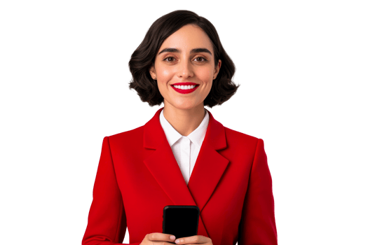 Professional woman wearing red suit holding phone png