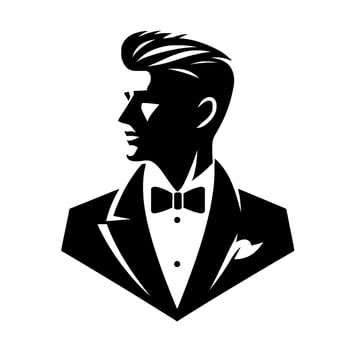 Elegant Silhouette A stylized black and white of a man in a tuxedo, featuring a profile view, sleek hairstyle, bow tie, and pocket square against a clean white background. vector